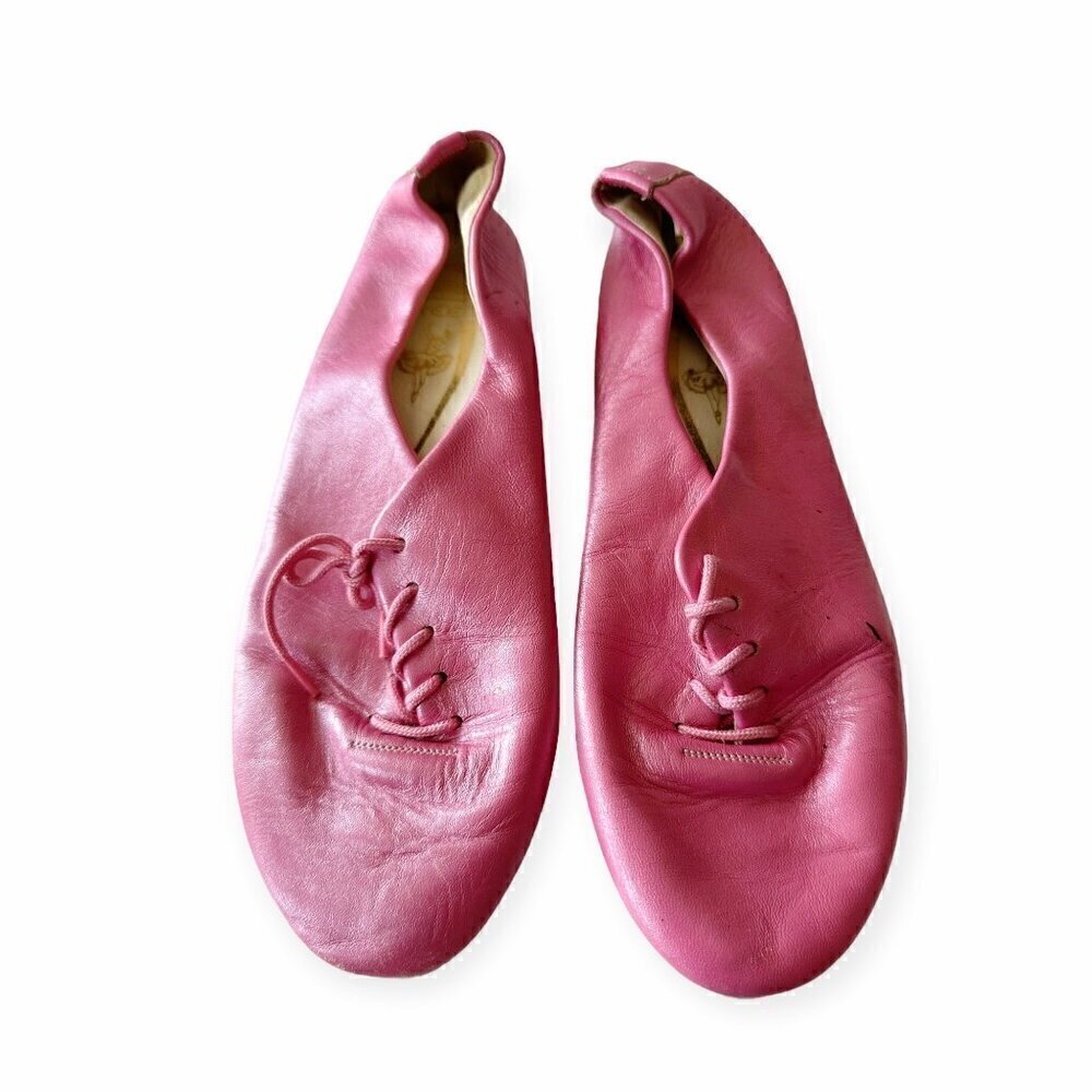 Vintage Freed of London Pearlized Pink Leather Lace Up Dance Flats, UK size 4